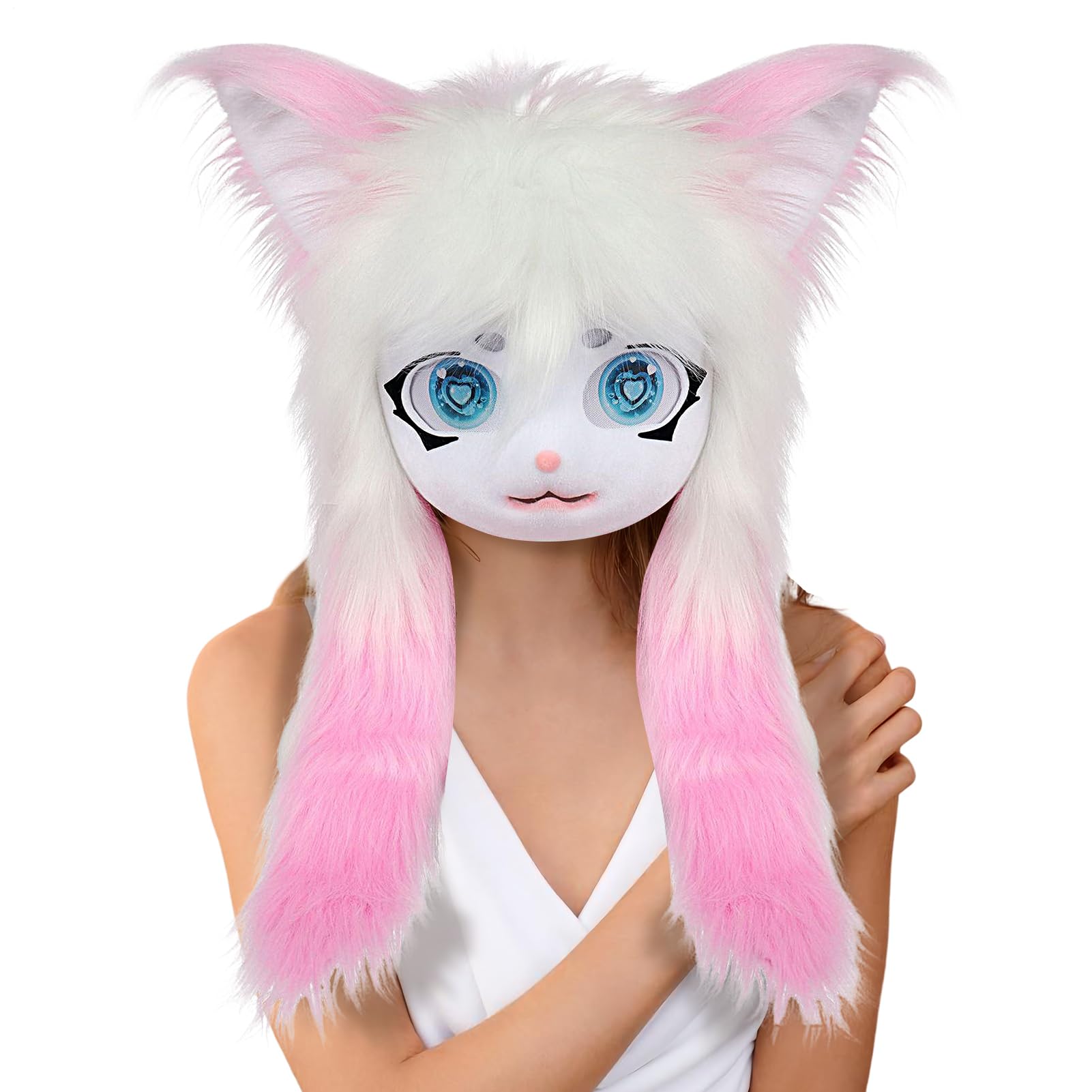 Cabeza de animal peluda, máscara de gato con ojos grandes, pelo largo, accesorios de disfraz de felpa para bailes de máscaras, teatro, actuaciones, fiestas, Halloween, cosplay, convención de anime