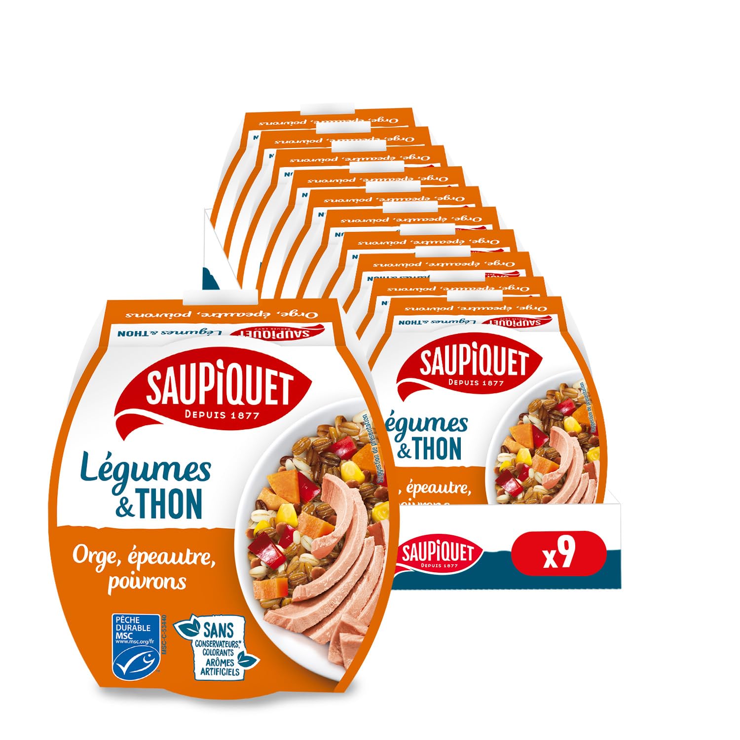 SAUPIQUET - Légumes & Thon - Orge, Epeautre, Poivrons - Salade Prête à Consommer - Température Ambiante - Idéal Pique-Nique - Poisson Issu Pêche Traçabilité Garantie - 9 Conserves (160 g)