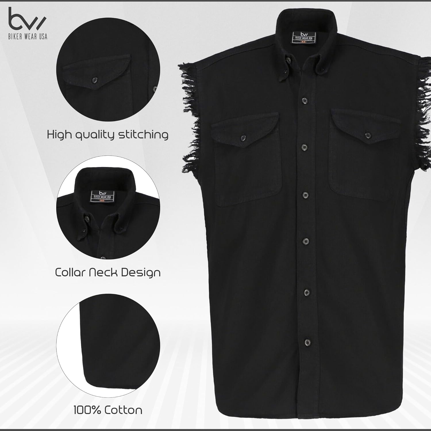 100% Cotton Denim Shirt- Sleeveless Shirt with Pockets & Cut-Off Sleeves - Image 3