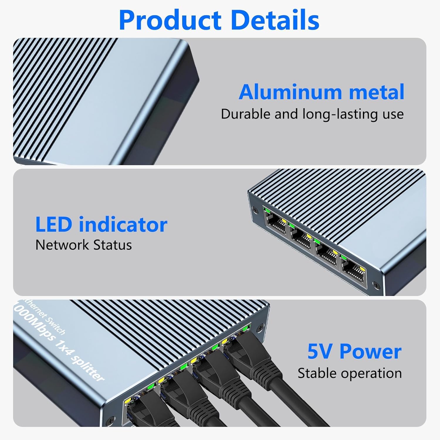 Tobo Ethernet Splitter, RJ45 Splitter 1 in 4 Out, 1000Mbps Ethernet Adapter Gigabit LAN High Speed Internet Splitter with USB C Power Cable for Cat5/5e/6/7/8 Cable Router TD-1467H - Buy Tobo Ethernet