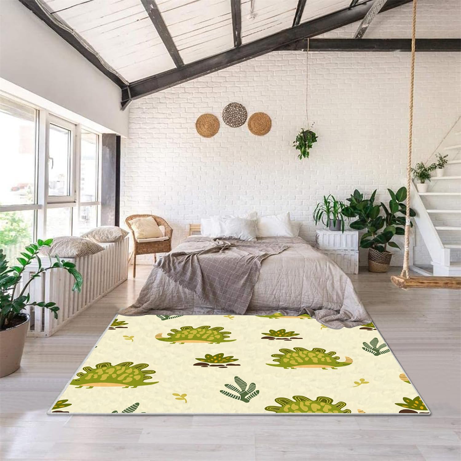 Dinosaur Washable Rugs for Living Room Rug 4x6, Hedgehog Low Pile Area Rug for Bedroom Carpet Non Slip Rug, Floor Rug for Nursery Office Dining Room Classroom