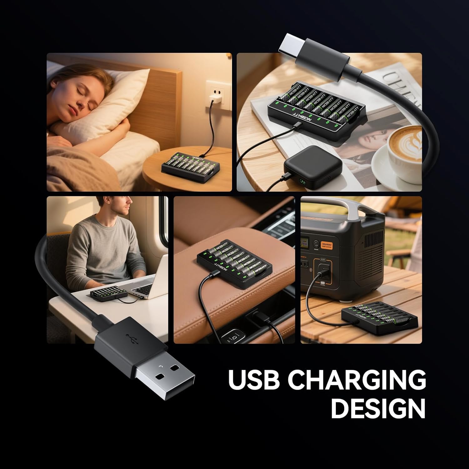 Smart 8 Bay AA AAA Battery Charger, Over-Discharge Damage Repair, USB Type-C Fast Charging for Ni-MH Ni-CD Rechargeable Batteries