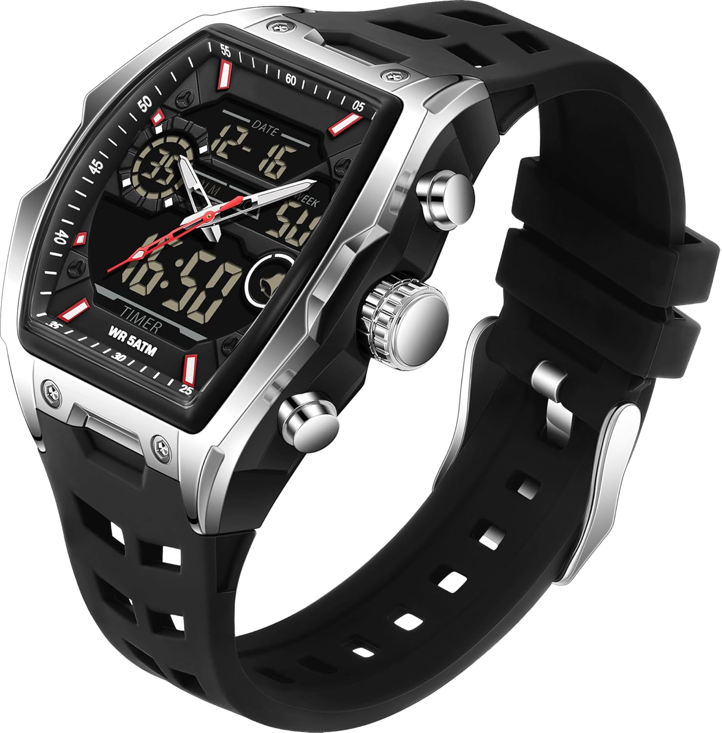 findtime Orologio da uomo con cronografo, analogico, sportivo, impermeabile, per corsa, cronometro, con fasi lunari luminose, unico Tonneau, Arancione, Casual