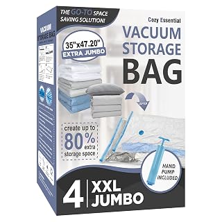 Cozy Essential Vacuum Storage Bags, 80% Compression Vacuum Seal Space Saver Plastic Packaging Bags for Clothes, Blankets, Pillow, Bedding, Comforters, Sealer Clothing Storage,4 XXL Jumbo - Amazon product rated Grade A