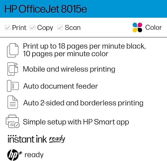 HP OfficeJet 8015e Wireless Color All-in-One Printer, 6 Month Instant Ink Trial Included