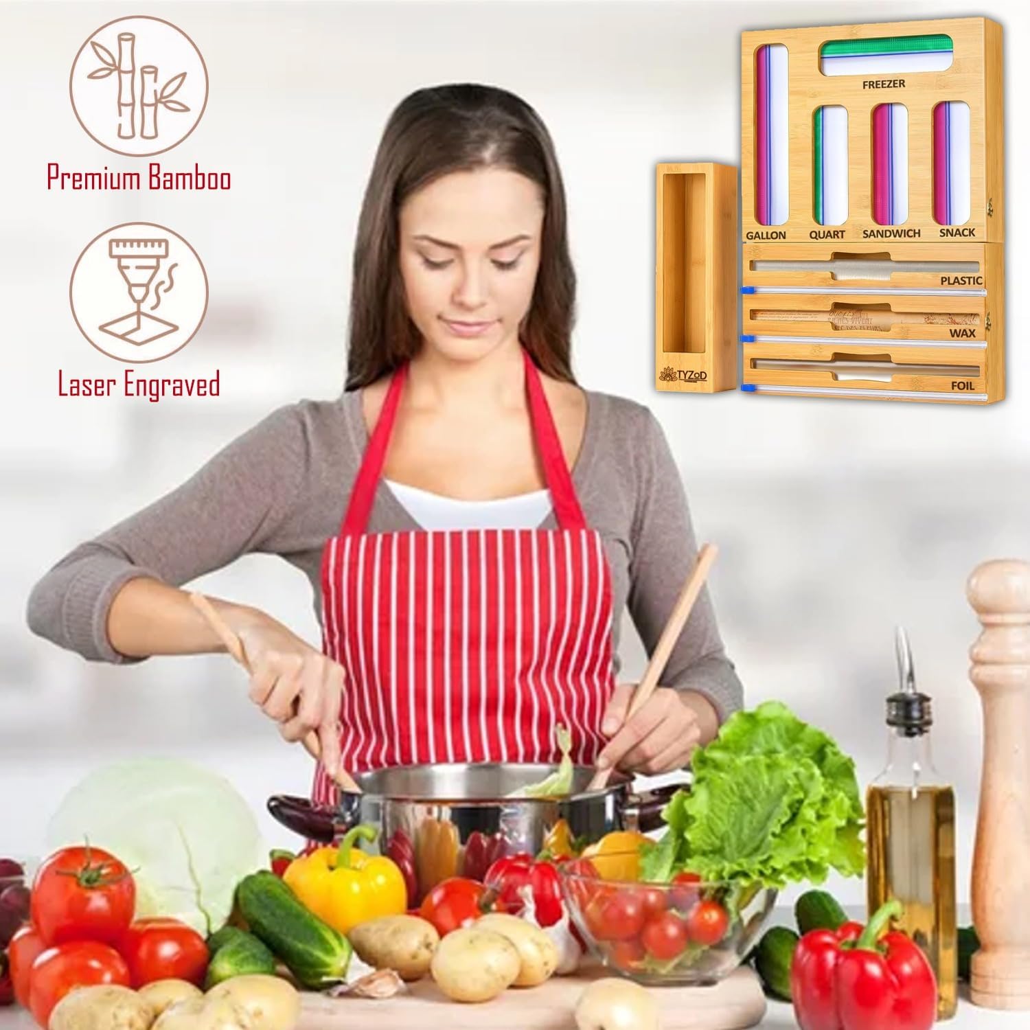 9-in-1 Bamboo Storage Bag Organizer with Cutter, Kitchen Drawer & Wall Mount Storage for Foil, Plastic Wrap, Gallon, Quart, Sandwich, Snack & Freezer Bags, Fits Rolls ≤12” Long, ≤2” Diameter