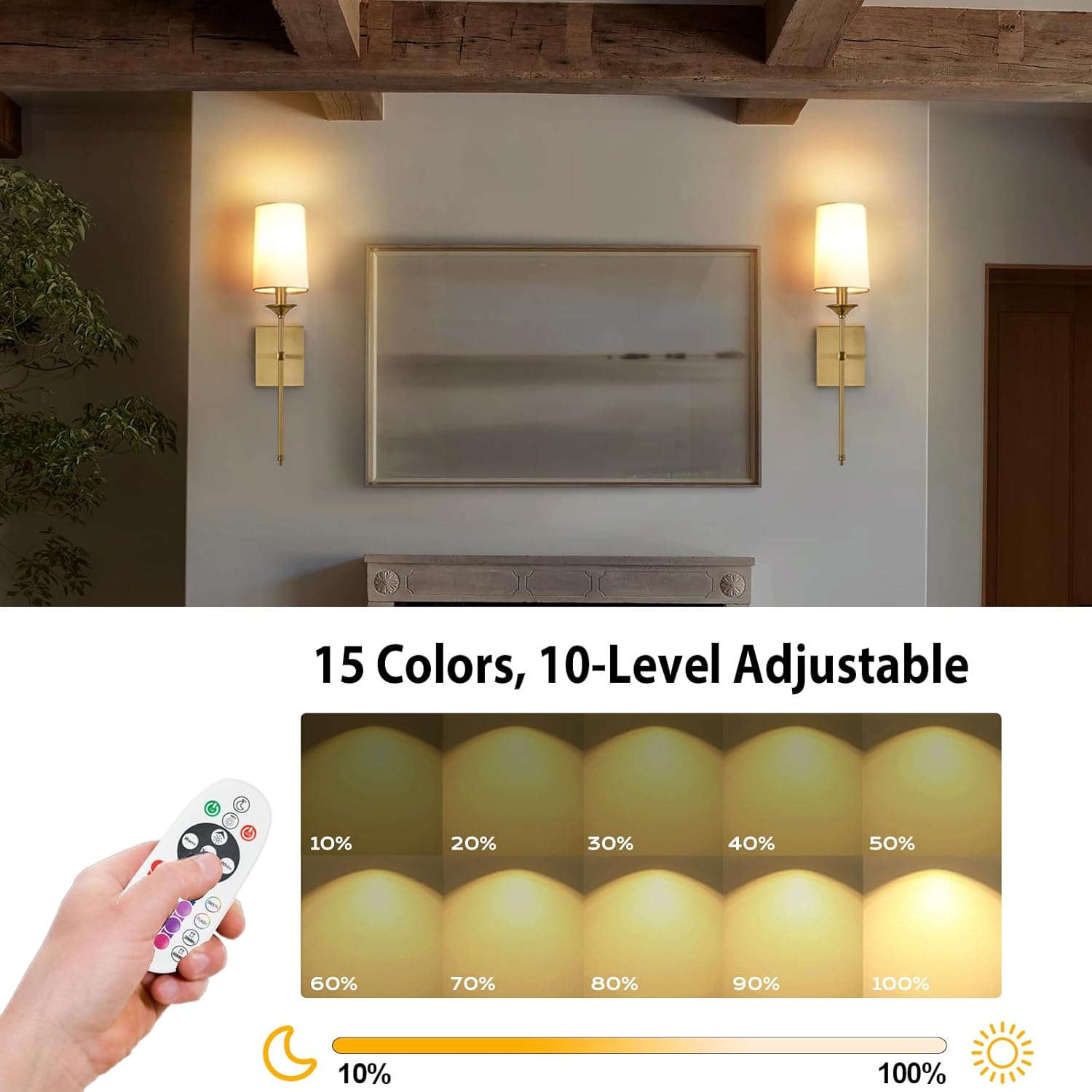 TERLEENART Battery Operated Wall Sconce Set of 2,Cordless Rechargeable Wall Light with RGB Dimmable Bulb and Remote,15 Colors Adjustable,Easy Install No Wiring