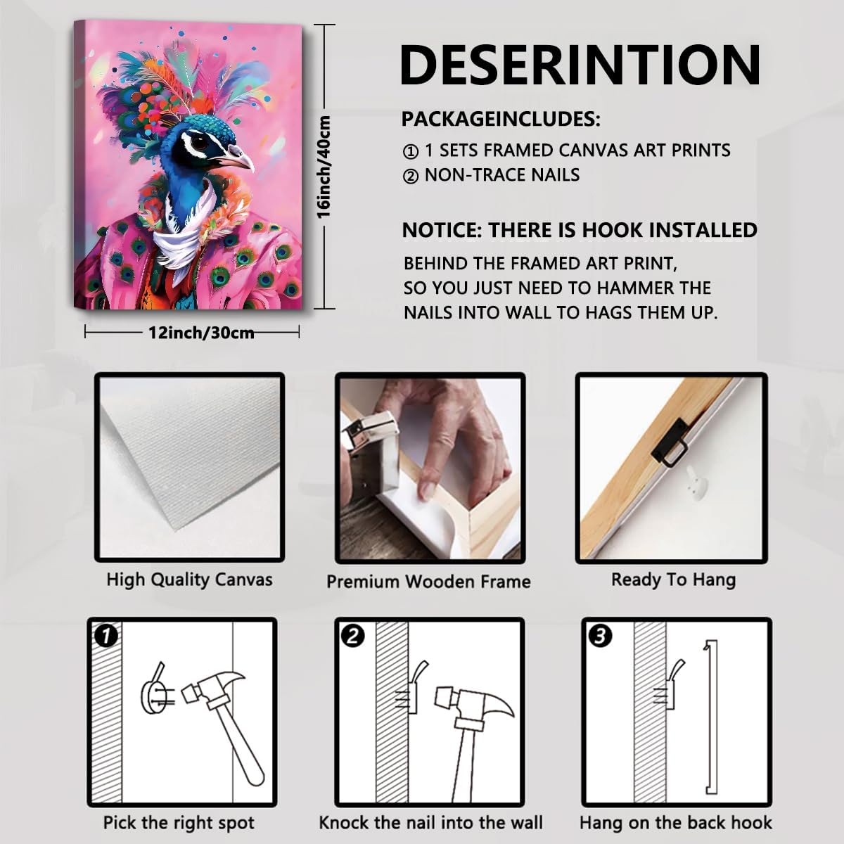 Pink Peacock Bedroom Canvas Wall Art,Funny Fashion Picture Animal Canvas Print,Watercolor Quirky Animal in Fur Fashion Picture Artwork Home Decor for Living Room Bedroom Bathroom,Framed 12x16in