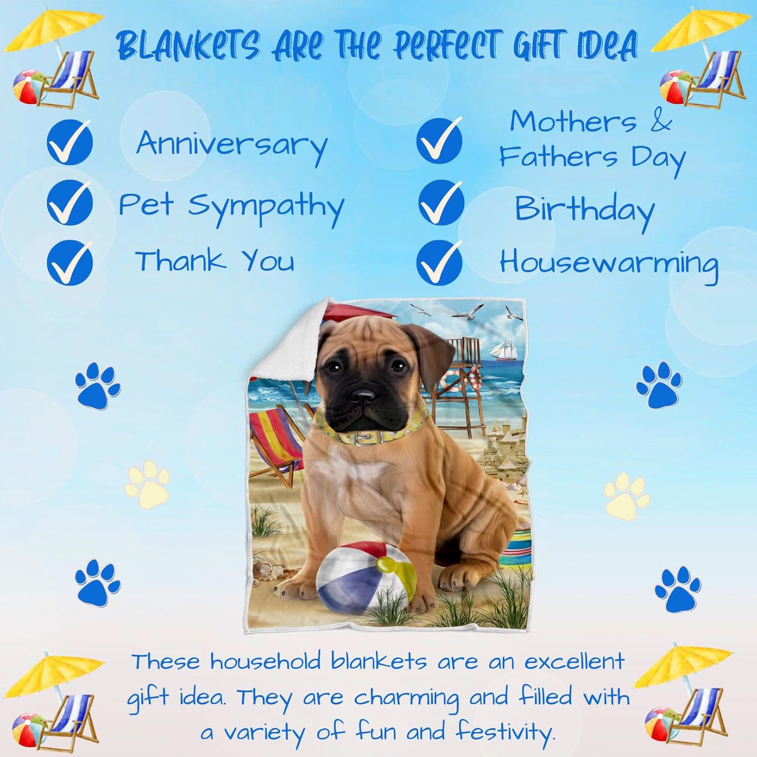 Pet Friendly Beach Bullmastiff Dog Blanket - Lightweight Super Soft Cozy and Durable Bed Blanket - Animal Theme Fuzzy Blanket for Sofa Bed Couch BLNKT55791 (50x60 Sherpa)