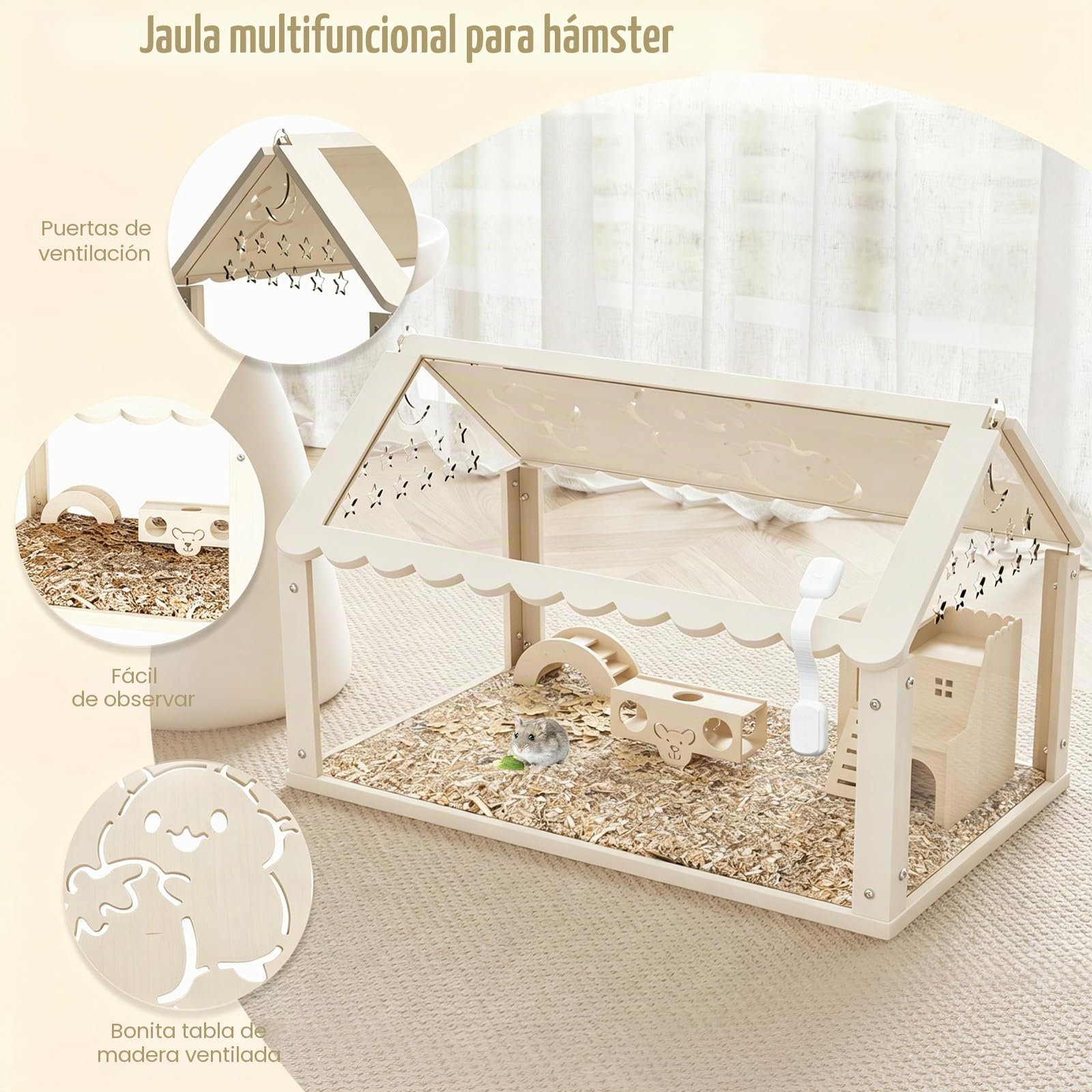 Jaula de hámster de madera para hámster de 60 x 30 x 40 cm con escondite estilo villa, puente de arco y paso, jaula transparente para hámsters sirios, hámsters enanos y conejillos de indias
