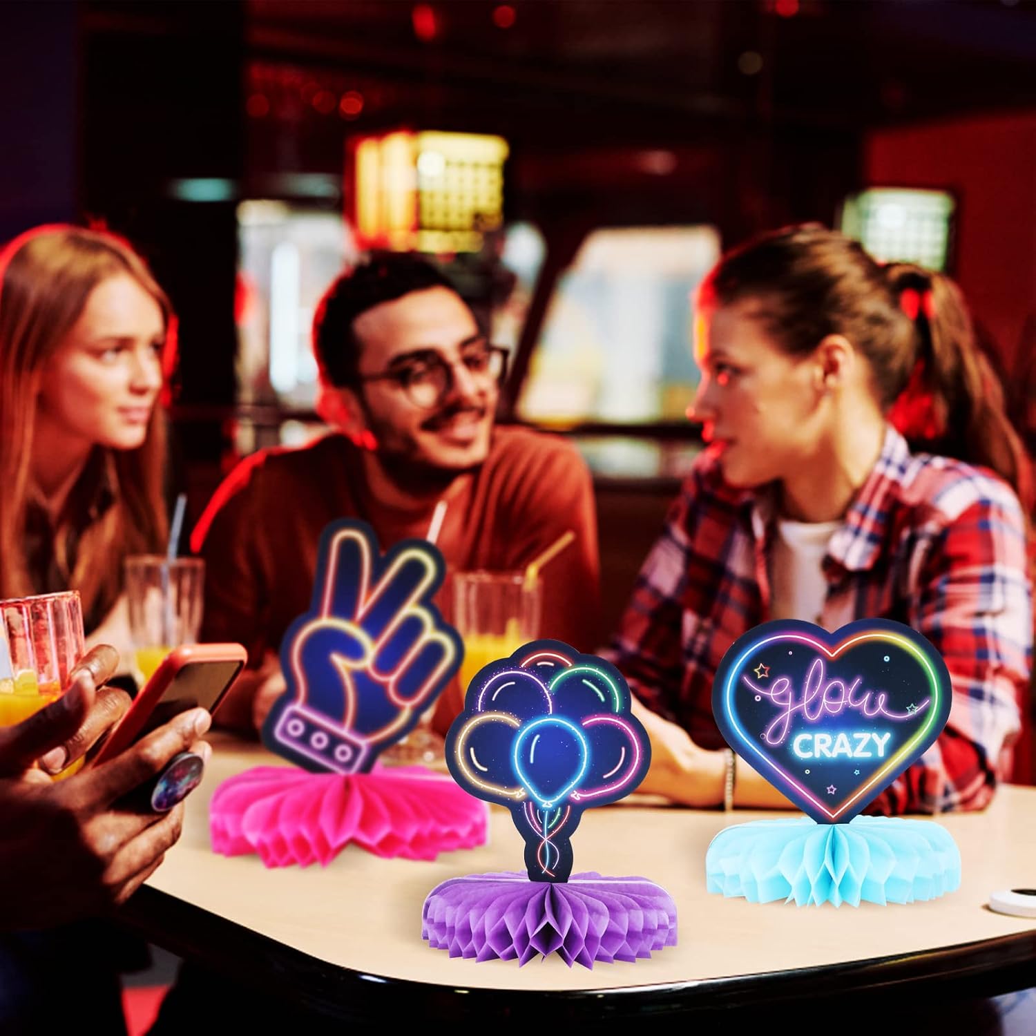 9-Piece Glow Neon Party Decoration Honeycomb Centerpieces for Tables Let's Glow Honeycomb Decorations Tabletop Centerpiece Sign for Glow in Dark Party Baby Shower | Let's Glow Honeycomb Decorations Tabletop Centerpiece Sign for Glow in Dark Party Baby Shower