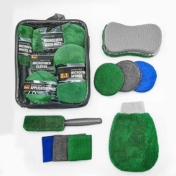 9 Pc Vehicle Care Kit Includes Microfiber Wash Mitt Polishing Pads Sponge Tire Brush and Soft Bristle Air Vent Cleaning Brush (Green)