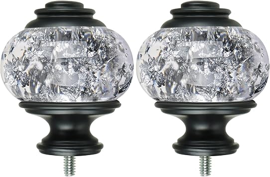 Replacement Finials for Curtain Rods 1 or 7/8 Inch, Black | Set of 2, Window Treatment Finials with M6 Screws1/4 in, Decorative Translucent Silver Foil Design