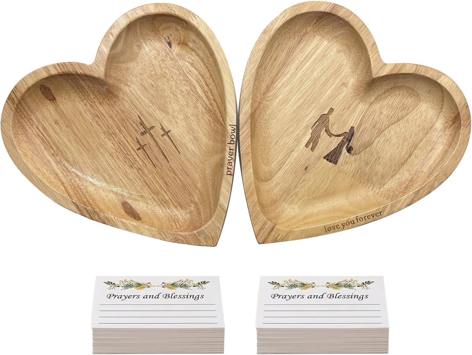 2PCS Heart Wooden Prayer Bowl with 48 Cards, Wooden Bowls with Cross, Religious Gifts for Easter, Christian, Catholic - Heart Shaped Wood Decorative Bowl for Home Decor for Women Men