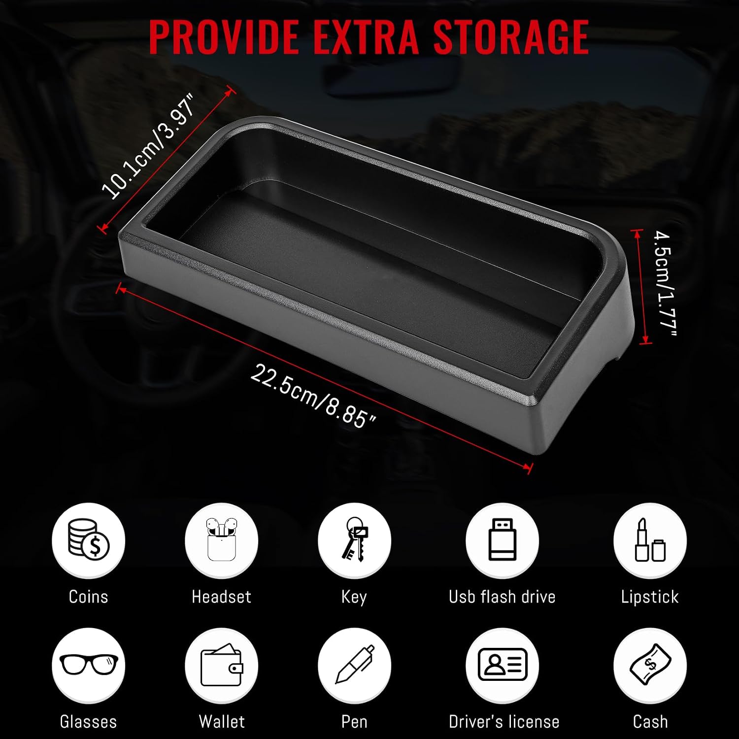 Dashboard Storage Tray Compatible with 2024 2025 Jeep Wrangler JL/JLU 2/4 Door ABS Dashboard Organizer Container Box for Phone Sunglasses Keys image 3