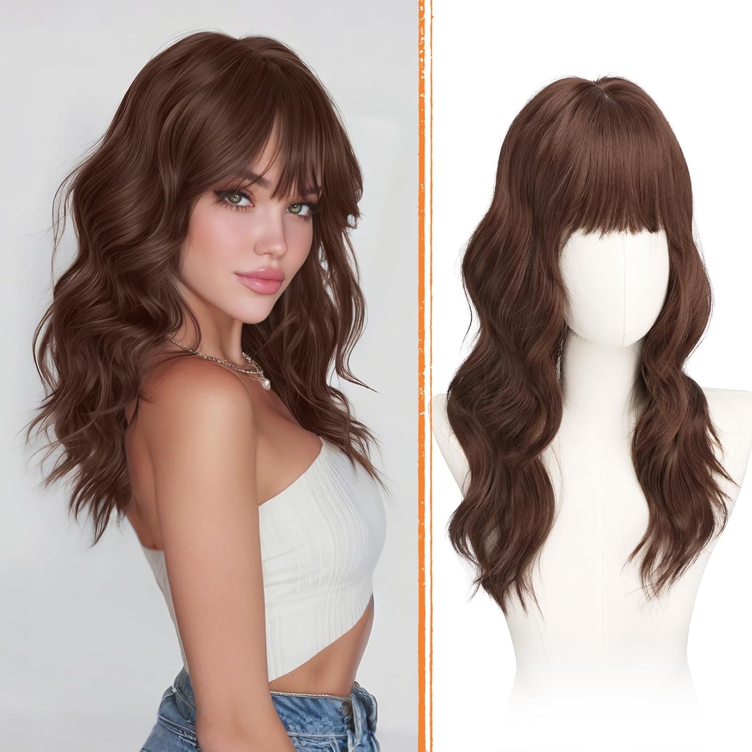 Haloo Brown Wigs with Bangs - 20 Inch Long Soft Wavy Natural Looking Synthetic Heat Resistant Hair Wig for Women Daily Party, Reddish Brown