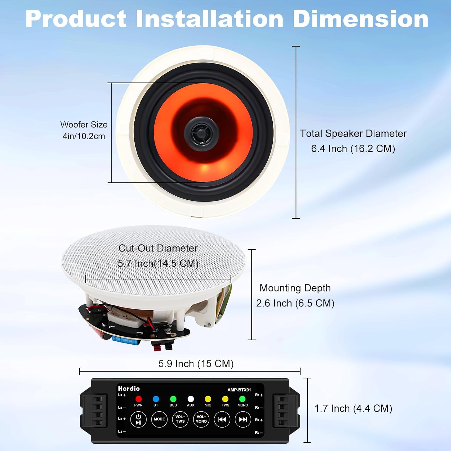 Herdio 4 Inch 480 Watts High Power Bluetooth Ceiling Speakers - 4 Recessed Speakers, Crisp Surround Sound for Home Theater, Bedroom, Kitchen, Office & Covered Patio(2 Paris) - Image 5