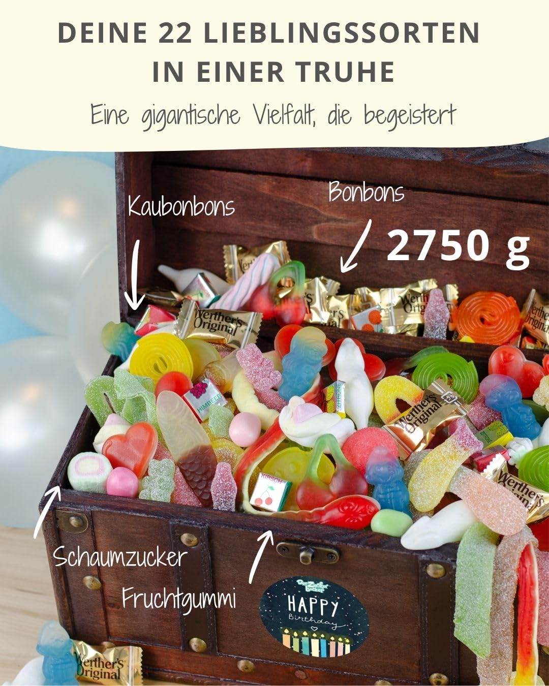 Schmatztruhe Happy Birthday – Geschenktruhe mit kunterbuntem Süßigkeiten-Inhalt, tolle Geschenk-Idee zum Geburtstag