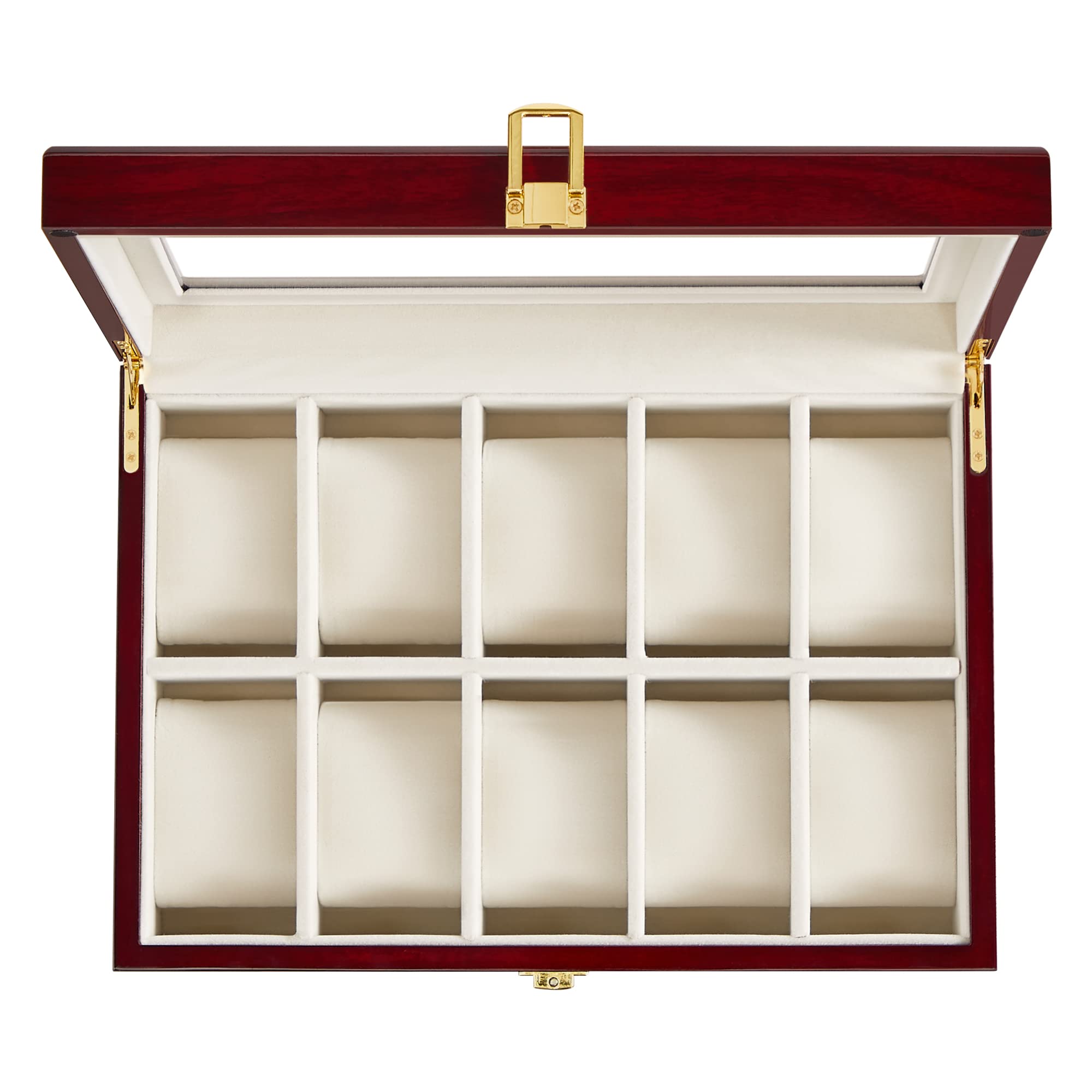 SONGMICS Watch Box, 10-Slot Watch Case with Large Glass Lid, Removable Watch Pillows, Velvet Lining, Watch Box Organizer, Gift for Loved Ones, Cherry Color UJOW10C