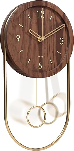 Driini Decorative Wall Clock with Pendulum (Walnut) – Modern Wood, 3 D Gold Numbers, Metal Frame –