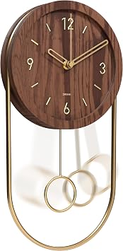 Driini Decorative Wall Clock with Pendulum Walnut Modern Wood, 3D Gold Numbers, Metal Frame Small, Unique Wall Clocks for Living Room Decor or Bathroom - Battery Operated, Silent, Non-Ticking