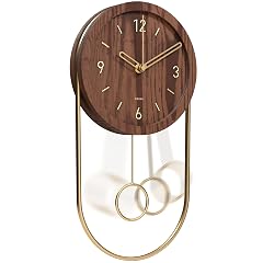 Driini Decorative Wall Clock with Pendulum (Walnut) – Modern Wood, 3 D Gold Numbers, Metal Frame –