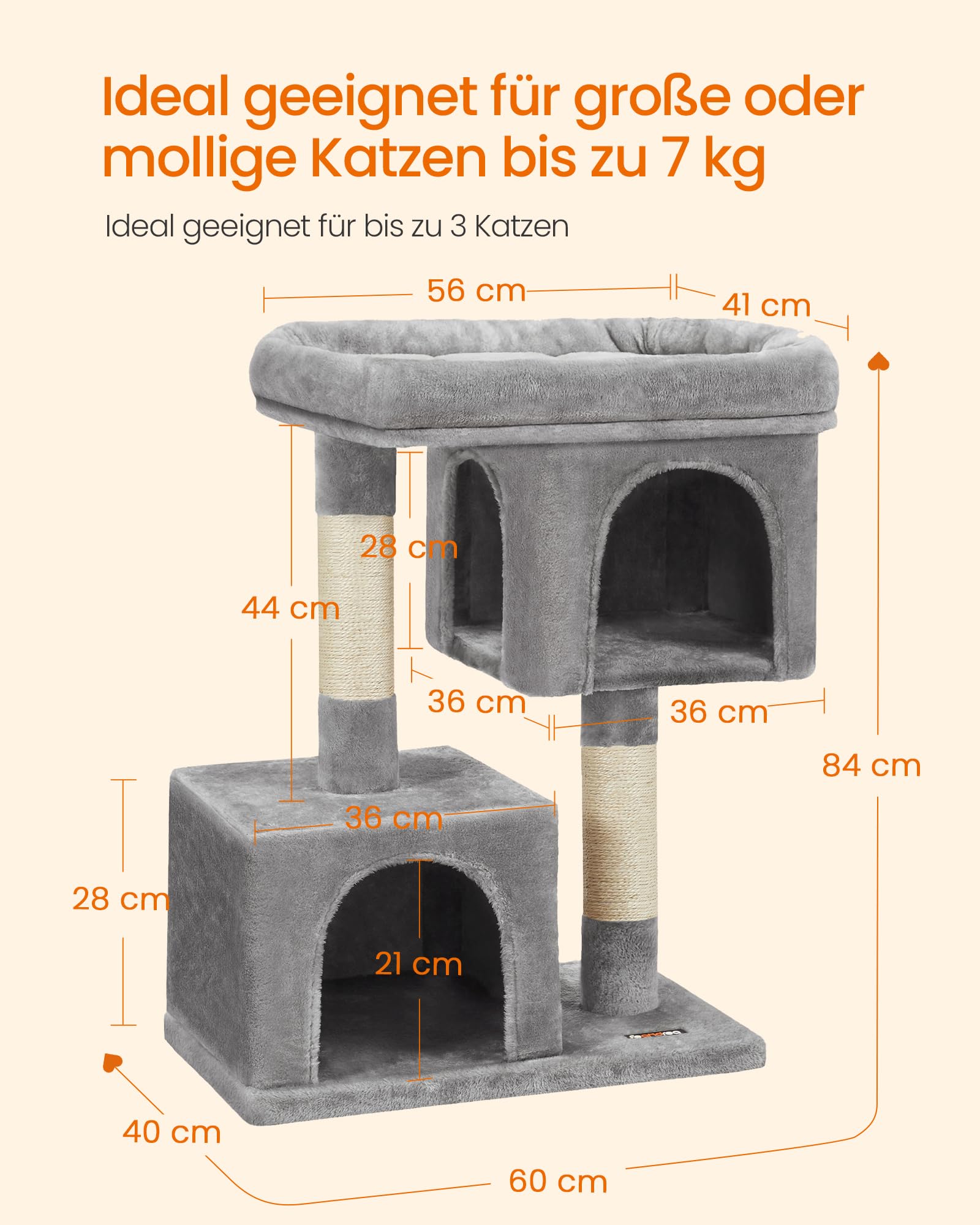 Feandrea Kratzbaum, 84 cm Katzenbaum, L, Katzenhaus für große Katzen bis zu 7 kg, große Plattform, 2 Katzenhöhlen, Sisalstämme, hellgrau PCT61W