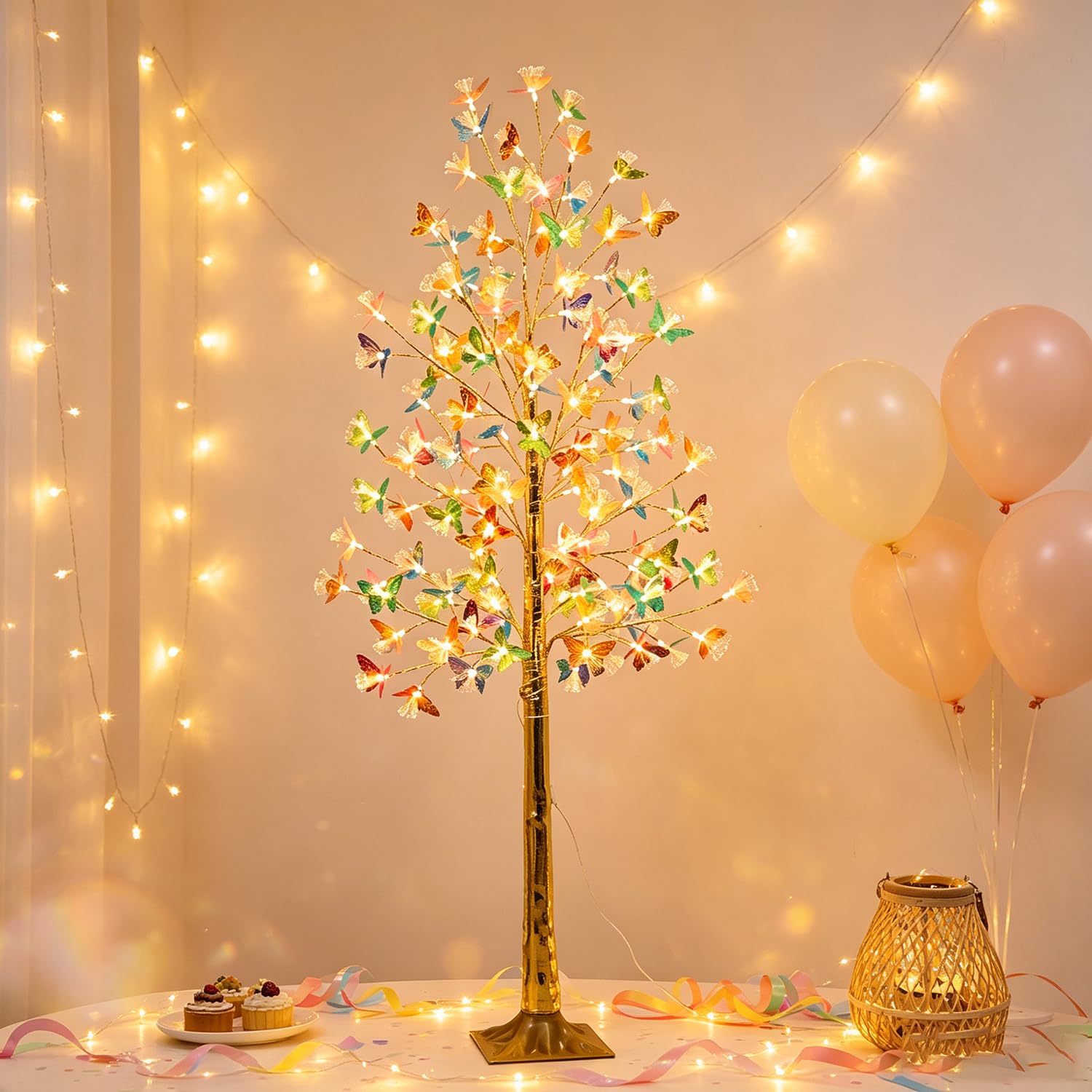 Arbre lumineux d'intérieur 180 cm, arbre LED avec 96 fleurs et lumière chaude, plante artificielle avec éclairage, sapin de Noël avec prise et câble, lampe décorative d'intérieur et d'extérieur