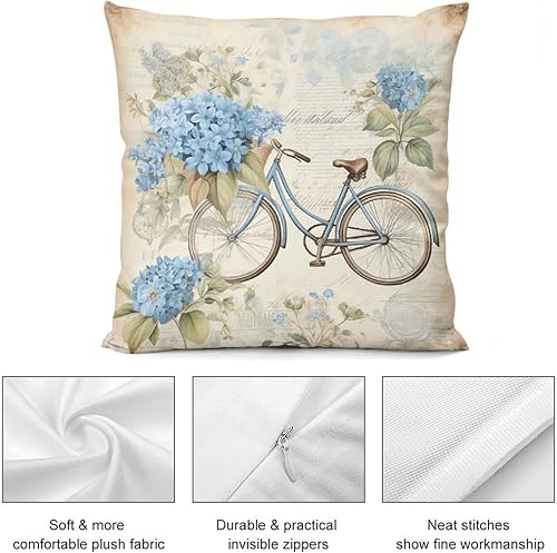 Miniatura 6 de HighonHi Fundas de almohada decorativas cuadradas de terciopelo con flores azules de 26 x 26 pulgadas, bicicleta azul retro con flores en cesta,
