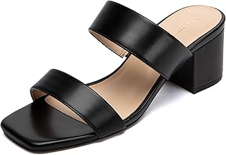 Women's Two Strap Heeled Sandals Square Open Toe 2 Inch Low Chunky Block Heels Slip On Dressy Slides Comfortable Summer Wedding Party Shoes Wide Width Friendly
