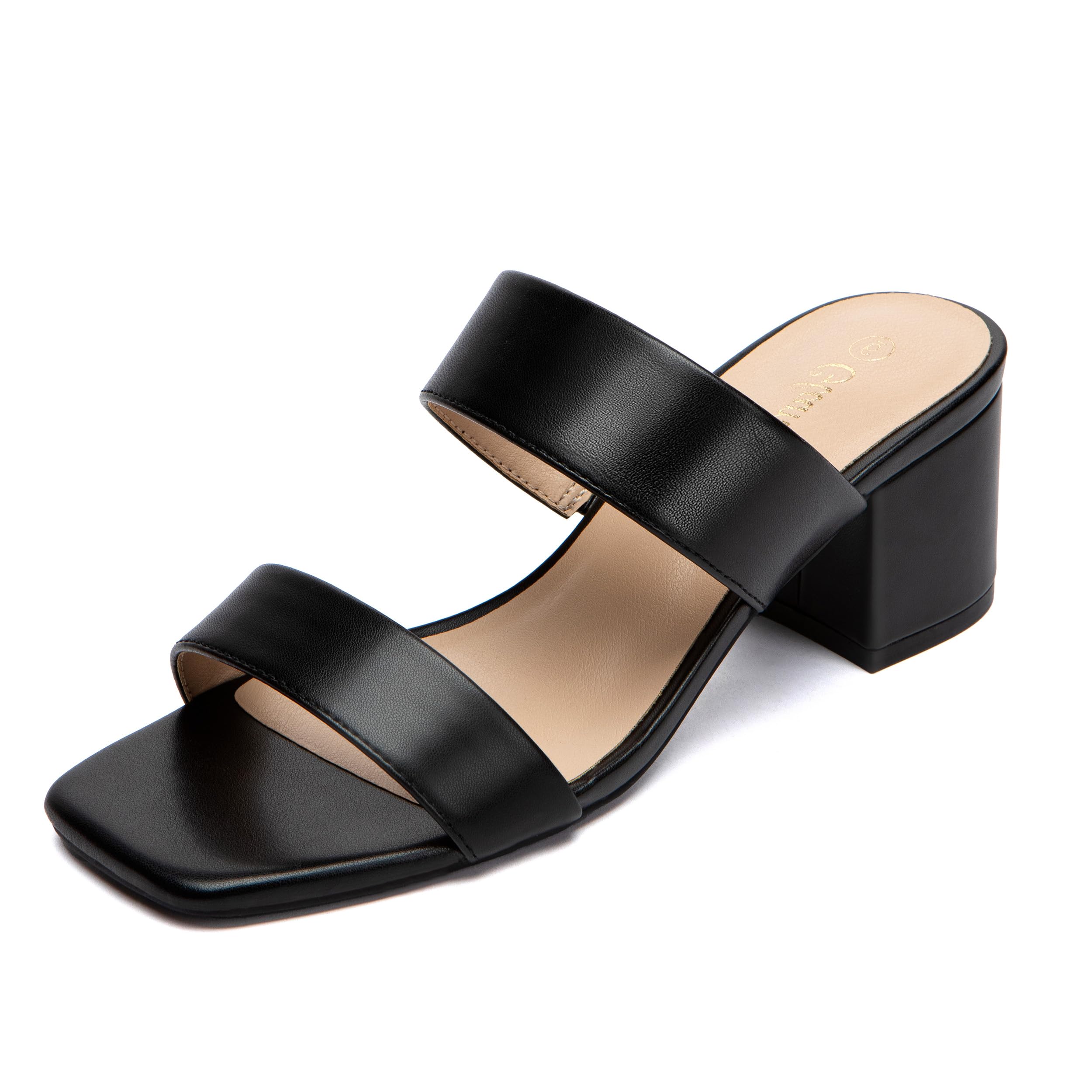 Women's Two Strap Heeled Sandals Square Open Toe 2 Inch Low Chunky Block Heels Slip On Dressy Slides Comfortable Summer Wedding Party Shoes Wide Width Friendly