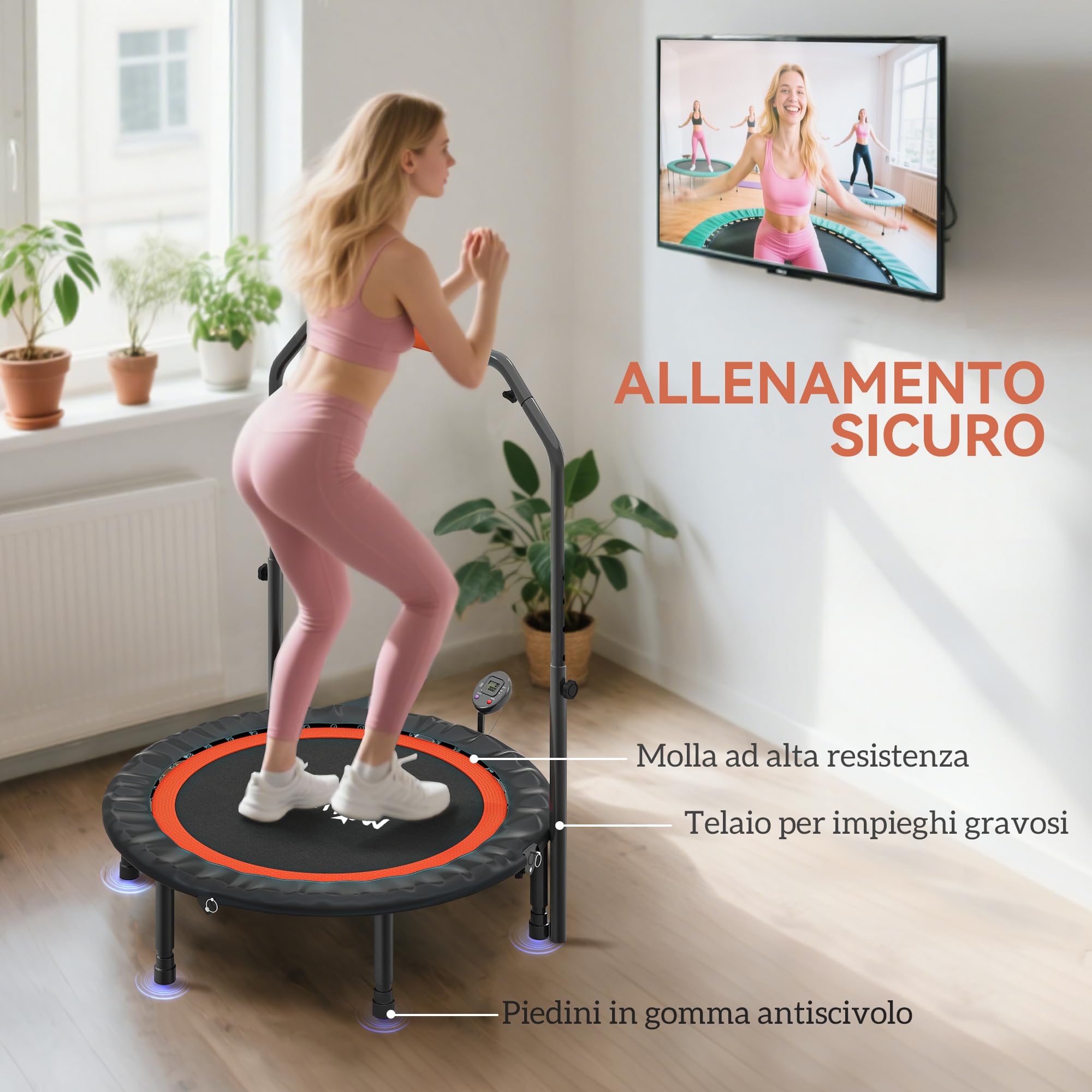 HOMCOM Trampolino Elastico Pieghevole Ø102 cm con Manubrio Regolabile 99-123cm, Trampolino da Fitness con Monitor LCD per Adulti, Tappeto Elastico per Esercizi Indoor, Nero