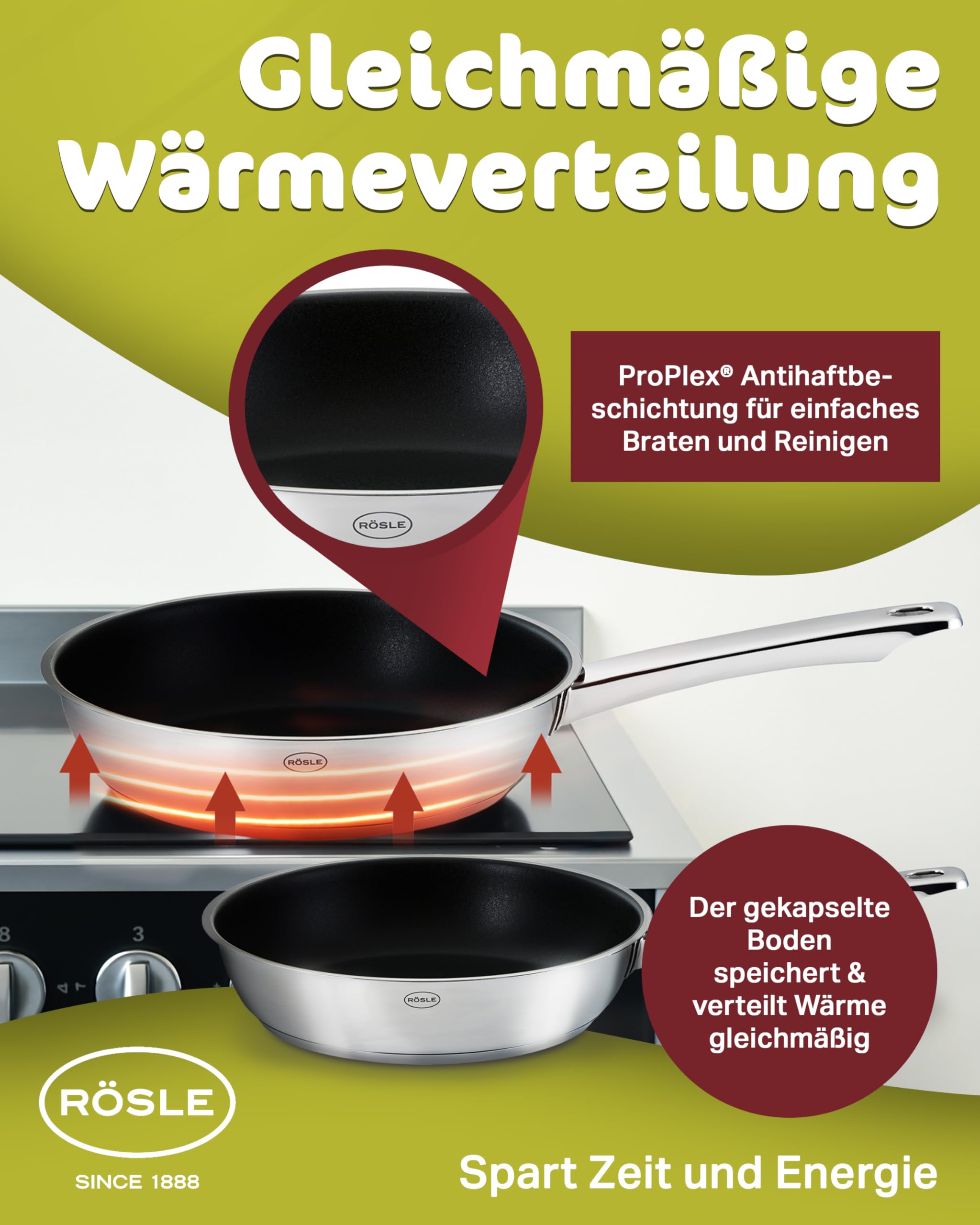 RÖSLE Moments Topfset Induktion 5 Stück, Edelstahl mit Aluminiumkern | 3 Töpfe mit Deckel, Kasserolle und antihaftbeschichtete Bratpfanne, für alle Herdarten, ofenfest bis 180 °C