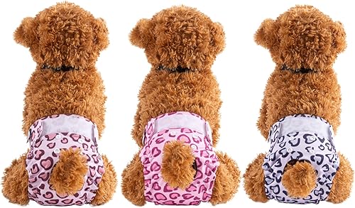 Miniatura 3 de CuteBone Pañales para perros hembras para ciclo de calor, paquete de 3 unidades, estampado de leopardo y corazón D54M