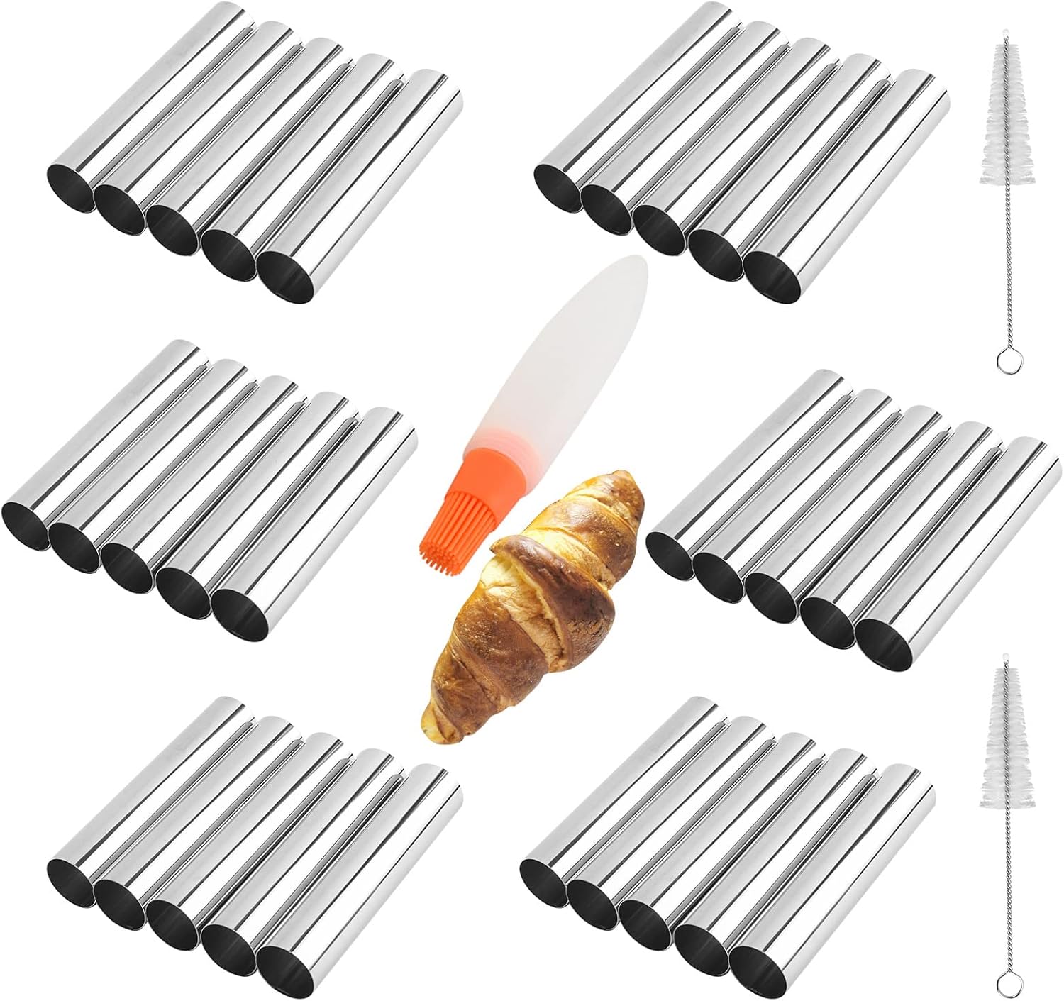 Non-stick Cream Cannoli Tubes, FantasyDay 30 Pcs Stainless Steel Baking Cones Pastry Roll Horn Croissant Mold Cannoli Shells with 3 Clean Brush - Pastry Baking Set for Christmas Cake Anniversary Party