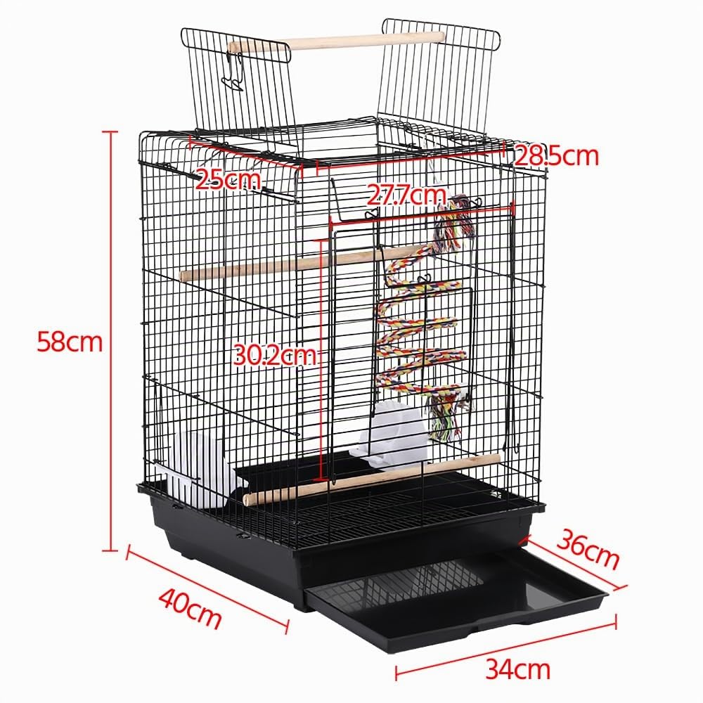 Yaheetech Gabbia per Uccelli Pappagalli Inseparabili Voliera in Metallo con Tetto Apribile Posatoio in Legno e Giocattolo 40 x 40 x 58 cm Nero