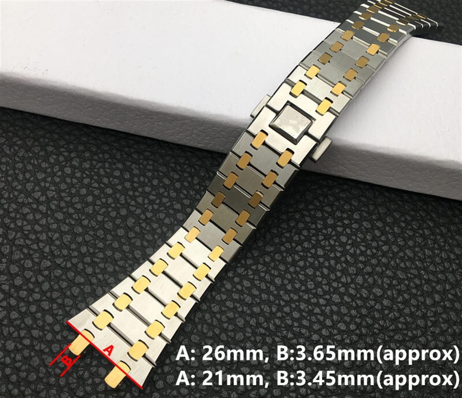 Czarny złoty srebrny pasek do zegarka 21 mm 26 mm mężczyźni kobiety bransoleta do zegarka ze stali nierdzewnej do AP ROYAL dąb składana klamra (kolor: średni złoty pasek, rozmiar: 26 mm)