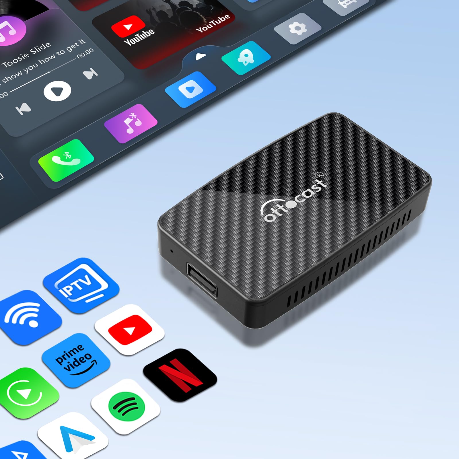 Ottocast Play2Video Pro, Adaptador inalámbrico CarPlay y Android Auto para Autos con CarPlay por Cable de fábrica, Caja Multimedia AI 2 en 1 con Netflix, Youtube, Prime Video, WiFi 5G y Bluetooth 5.0