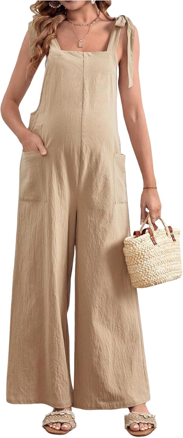 OYOANGLE Women's Maternity Front Pocket Pregnancy Jumpsuit Knot Shoulder Strap Sleeveless Wide Leg Overalls