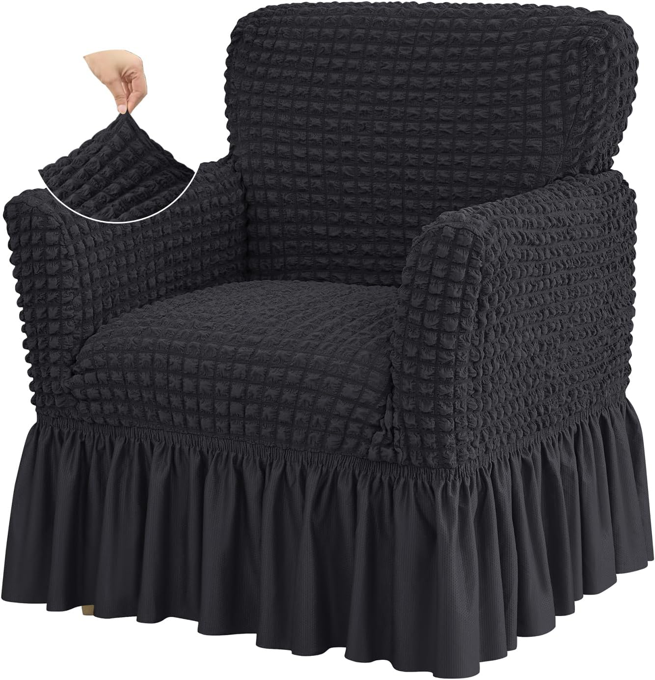 Stretch Seersucker Armchair Slipcovers with Skirt, 1-Piece Chair Cover with Arms, Soft Stretch Accent Chair Slipcovers, Non-Slip Washable Furniture Protector for Living Room Decor (Black)