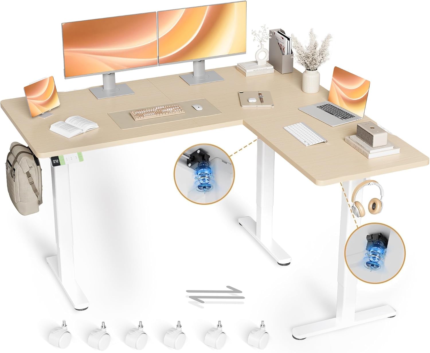 Claiks Eckschreibtisch Höhenverstellbar 160x140cm mit Dual-Motor, L Form Höhenverstellbarer Schreibtisch auf Rollen, L-förmiger Schreibtisch, Beige - Amazon product rated Grade A