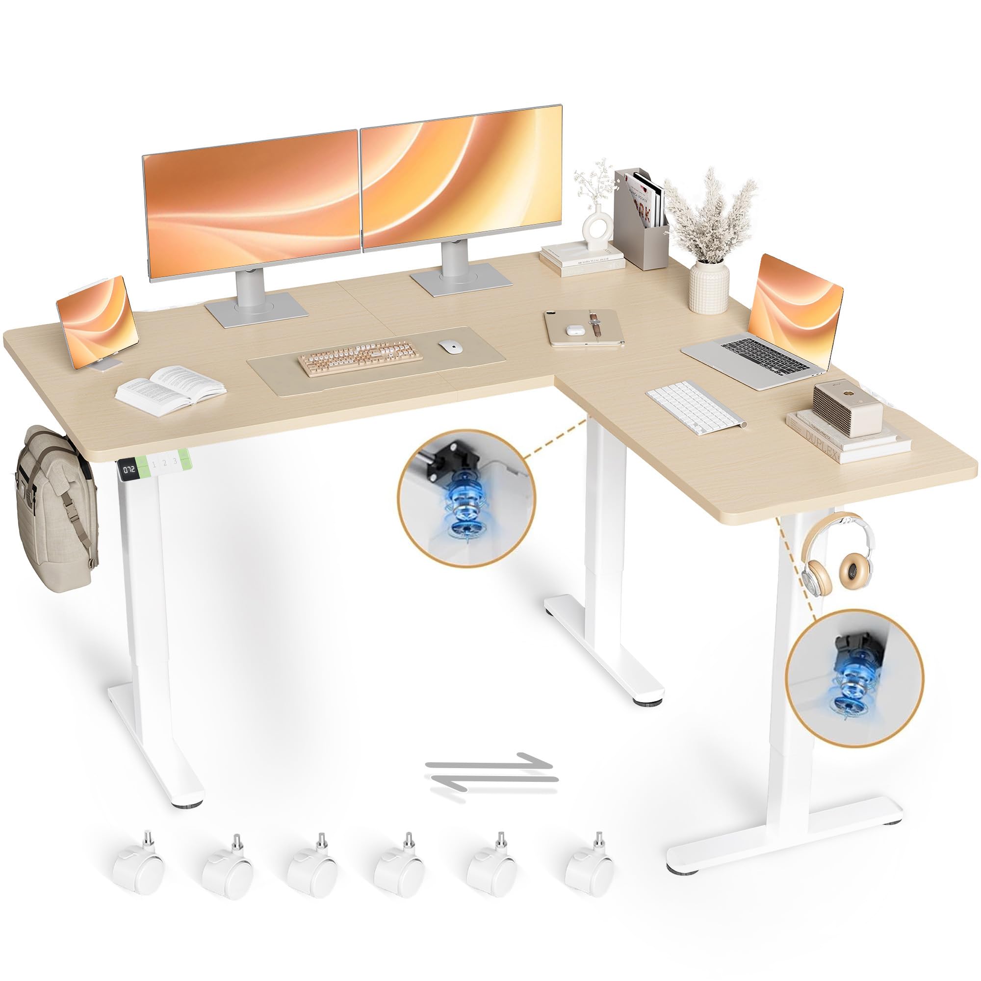 Claiks Eckschreibtisch Höhenverstellbar 160x140cm mit Dual-Motor, Schreibtisch L Form Höhenverstellbarer Schreibtisch auf Rollen, L-förmiger