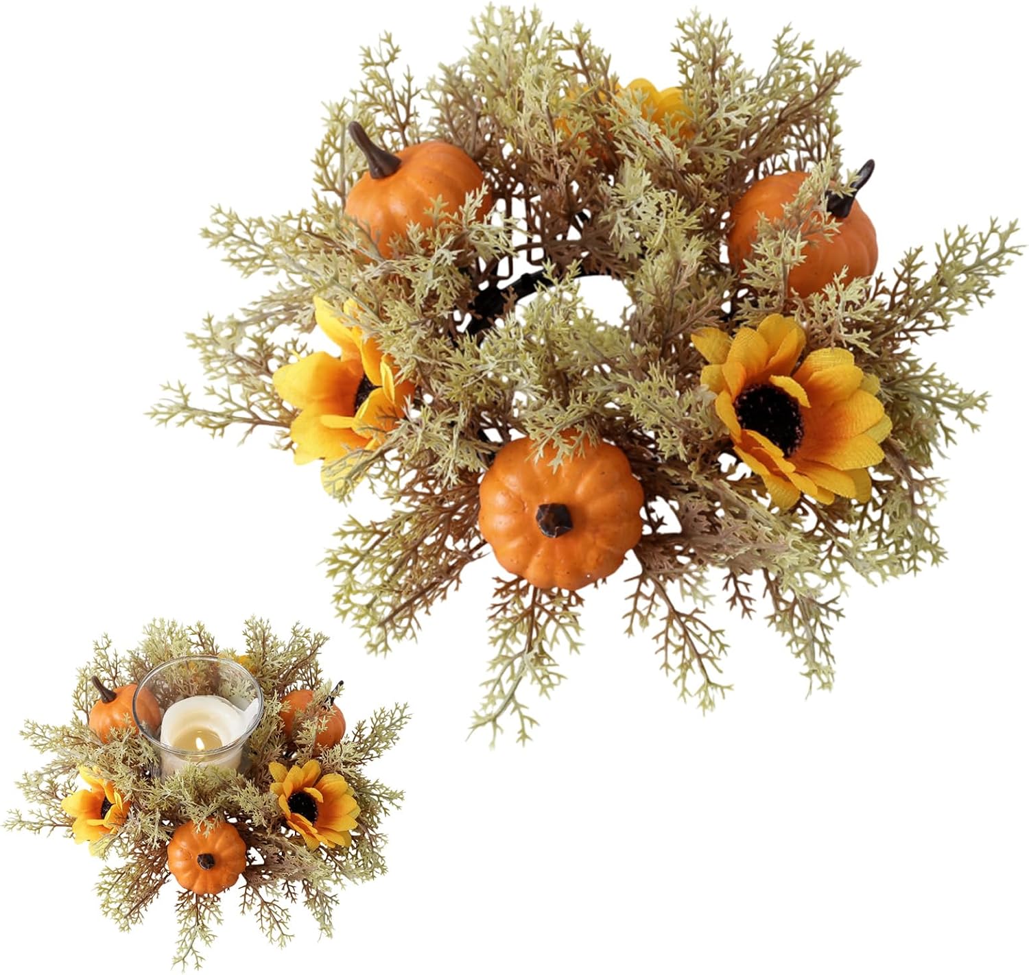 Pumpkin Sunflower Thanksgiving Candle Rings Autumn Pumpkin Leaves Candle Wreath Table Centerpieces Decoration for Thanksgiving Fall Theme Party Supply