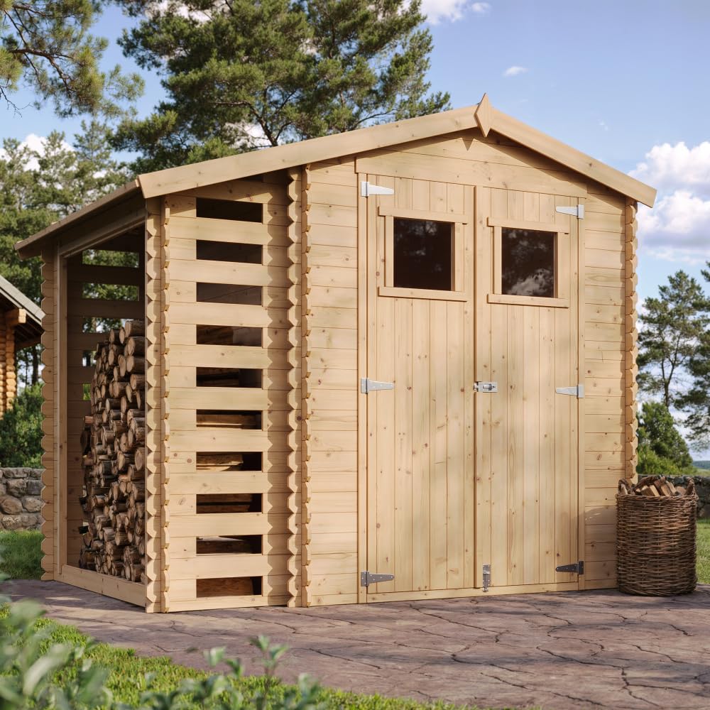 Abri de Jardin en Bois et Range bûches extérieur - Stockage extérieur I206xL272xH218 cm/ 3,53 + 0,97 m2 Petit abri à Outils, Local à vélos - TIMBELA M386