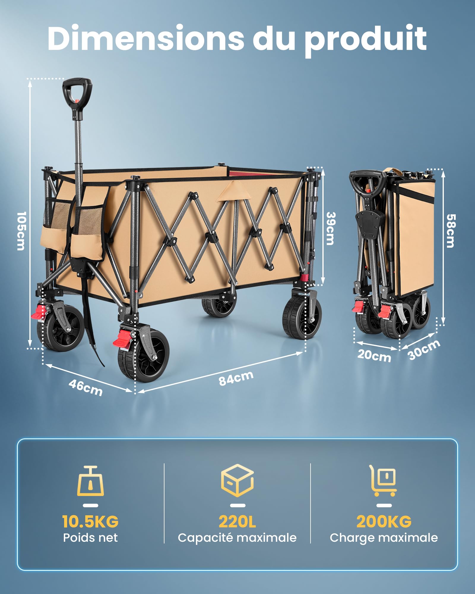 YEAUPE PRO Chariot Pliable 220L 200KG, Roues Larges Tout-Terrain, Kaki | Porte Arrière Rabattable pour Objets Longs, Chariot de Plage Léger 10.5KG pour Jardin, Camping, Courses & Événements Sportifs