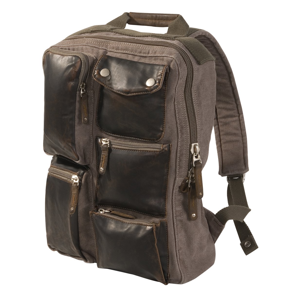 Stylish Washed Canvas Backpack w/Leather Trim, 0830 Brown