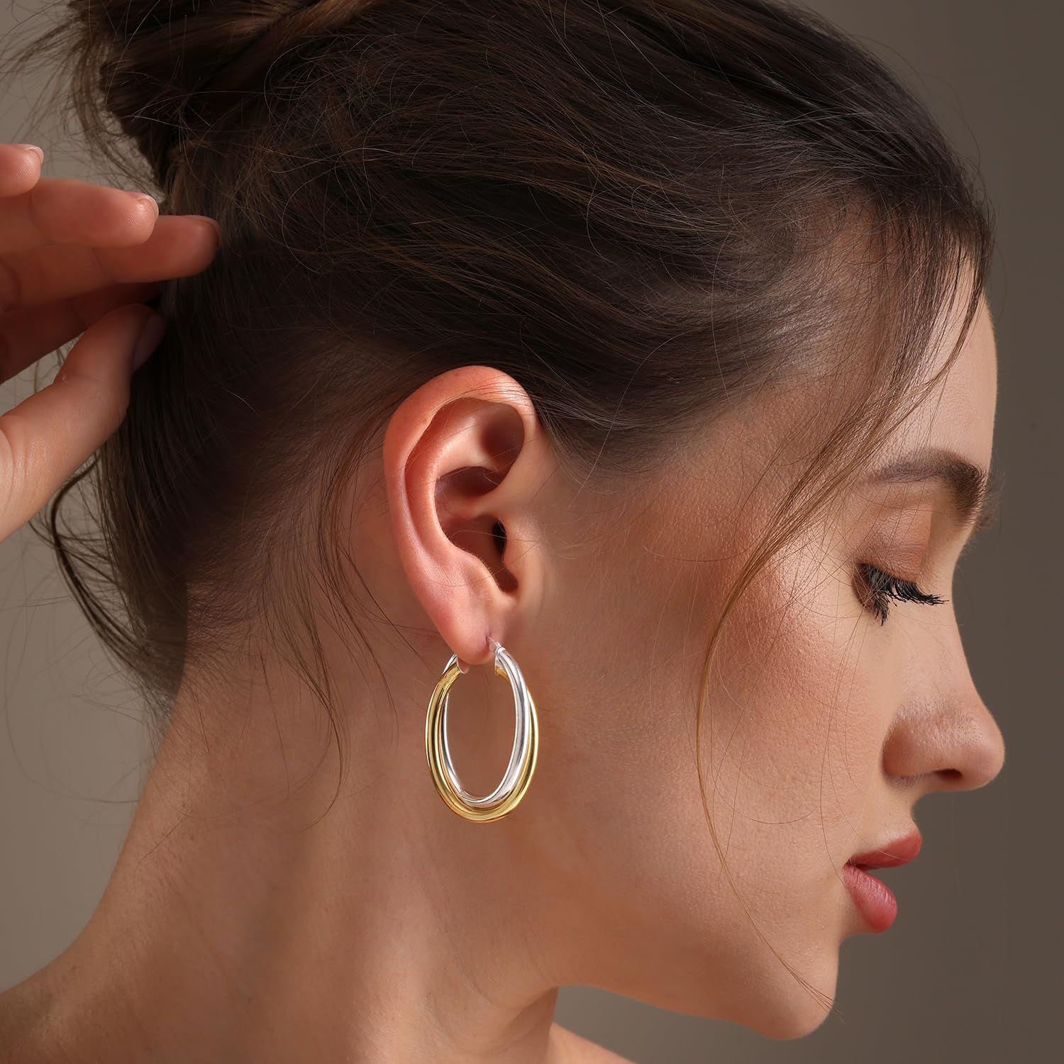 LeCalla 925 Sterling Silver Chunky Hoop Earrings | 14K Two-Tone Three-Tone Hoop Earrings | Intertwining Oval Shape Polished Twisted Hoop Earrings for Women - Image 2