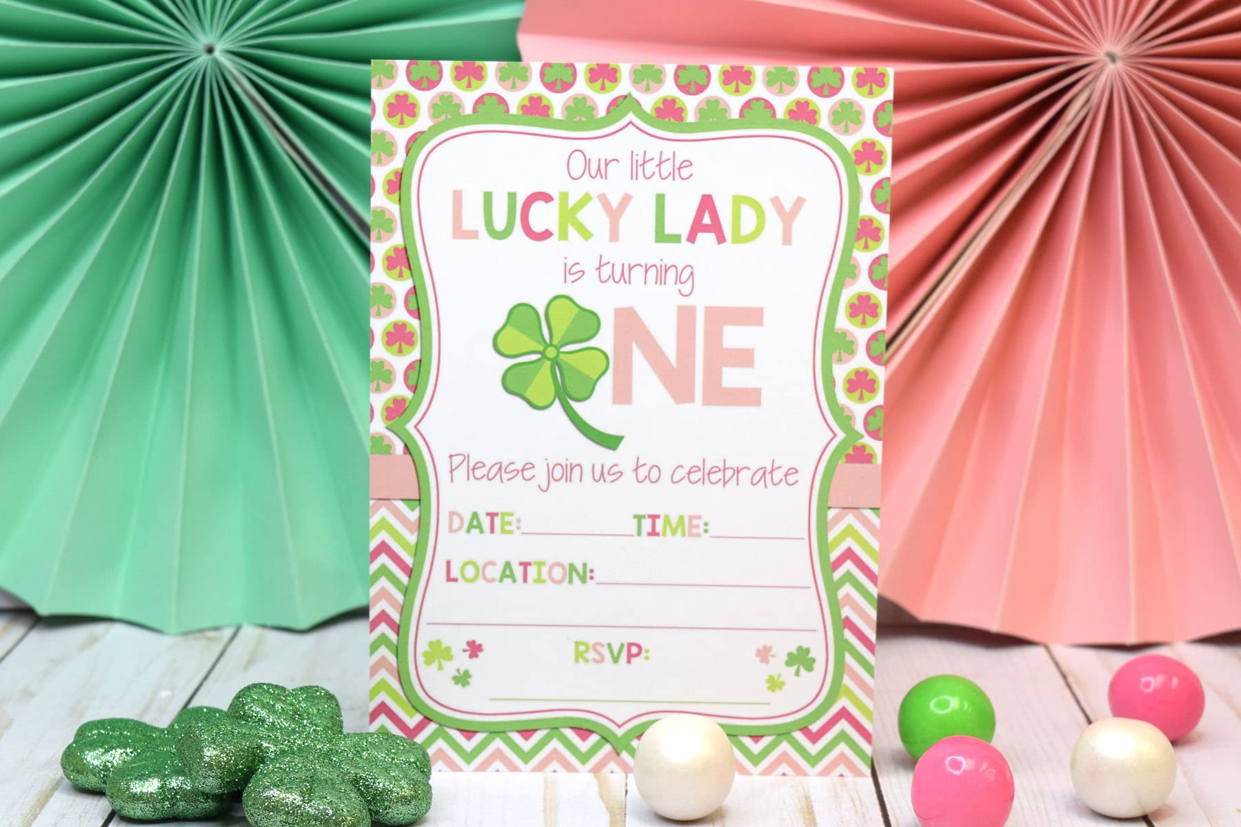 Lucky Lady First Birthday Clover St. Patrick’s Day Party Invitations for Girls, 20 5x7 Fill In Cards with Twenty White Envelopes by AmandaCreation