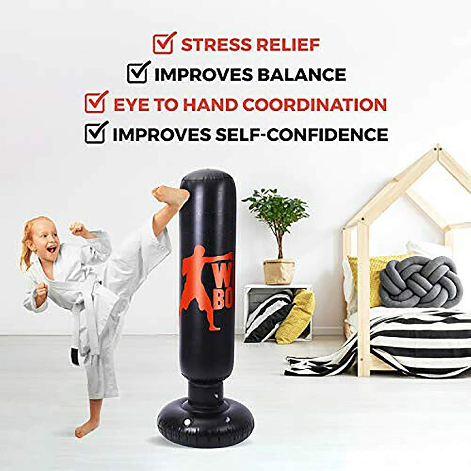 160cm Freely Inflatable Standing Fitness Goal Standing Tower Bag, Karate Vertical Inflatable Punching Bag Standing Fitness Boxing Column, Free Standing Tumbler Punching Bag