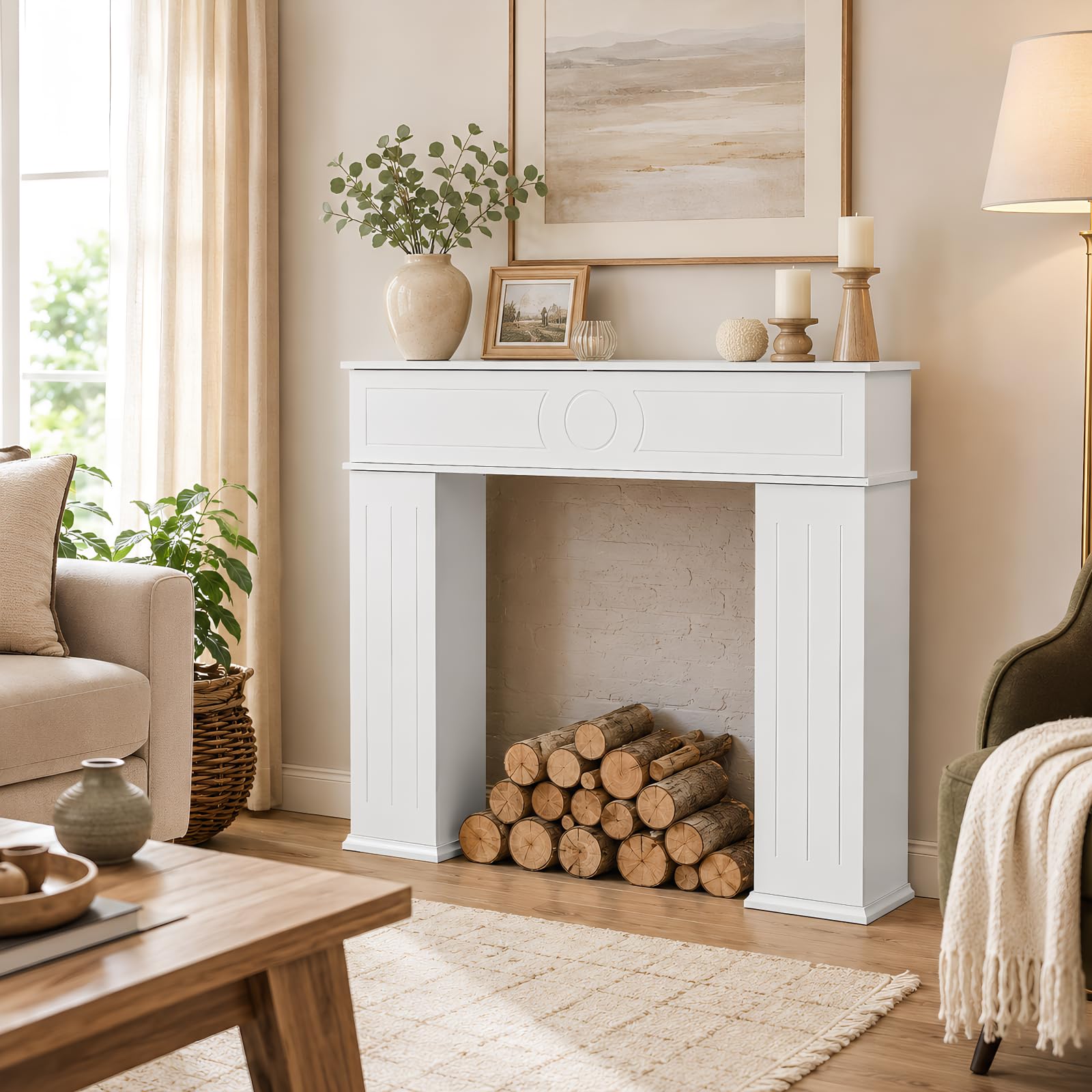 Kaminkonsole Weiss Mit Stauraum, Kaminschrank Schmal, Kaminumrandung Deko Holz, Kaminrahmen Deko, Regal Mit Geheimfach, Lackierter Dreitüriger 